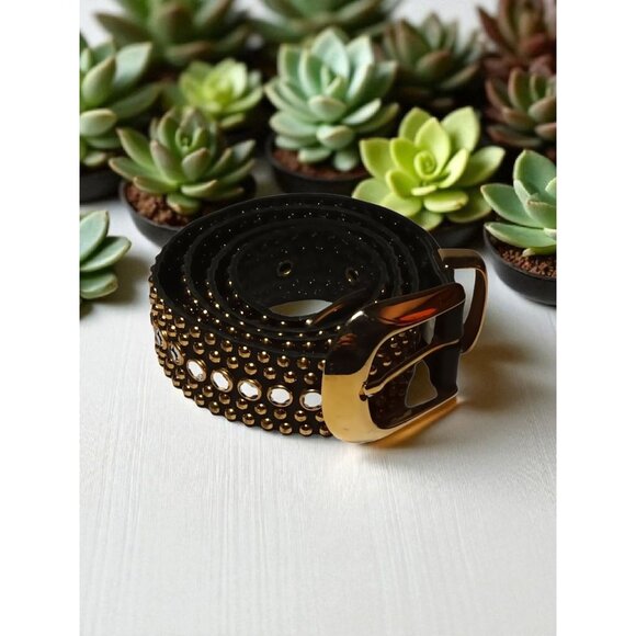 Womens Black Leather Crystal Rhinestone Studded Belt Brass Buckle 28\